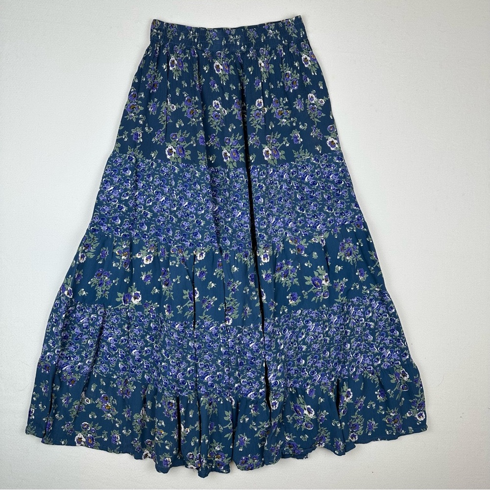 Elastic Waist Tiered Maxi Skirt in Boho Blue Floral